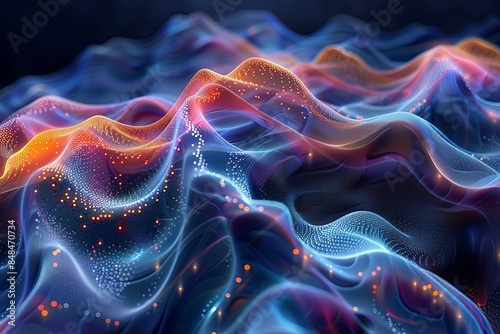 Abstract digital wave landscape with glowing particles in vibrant colors, showcasing the beauty of futuristic technology and data visualization.