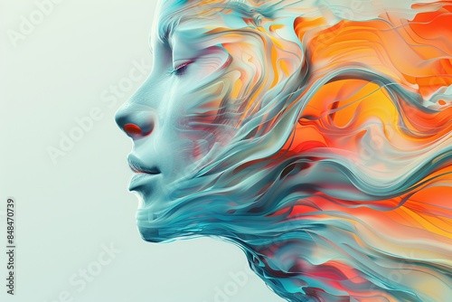 Abstract digital painting of a serene woman's face with vibrant colors blending fluidly, evoking a sense of calm and creativity.