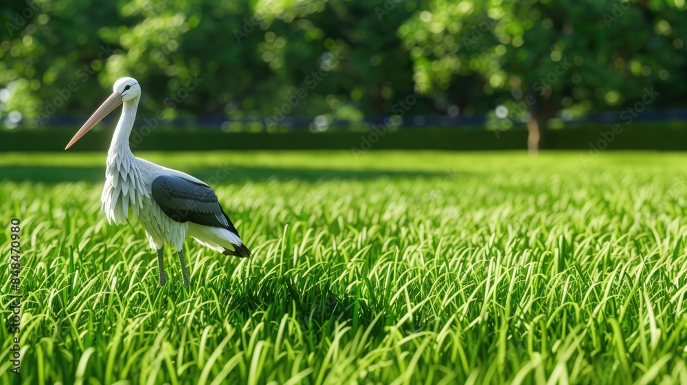 Fototapeta premium a stork standing amidst lush green meadow grass, gracefully hunting for food with its long beak.