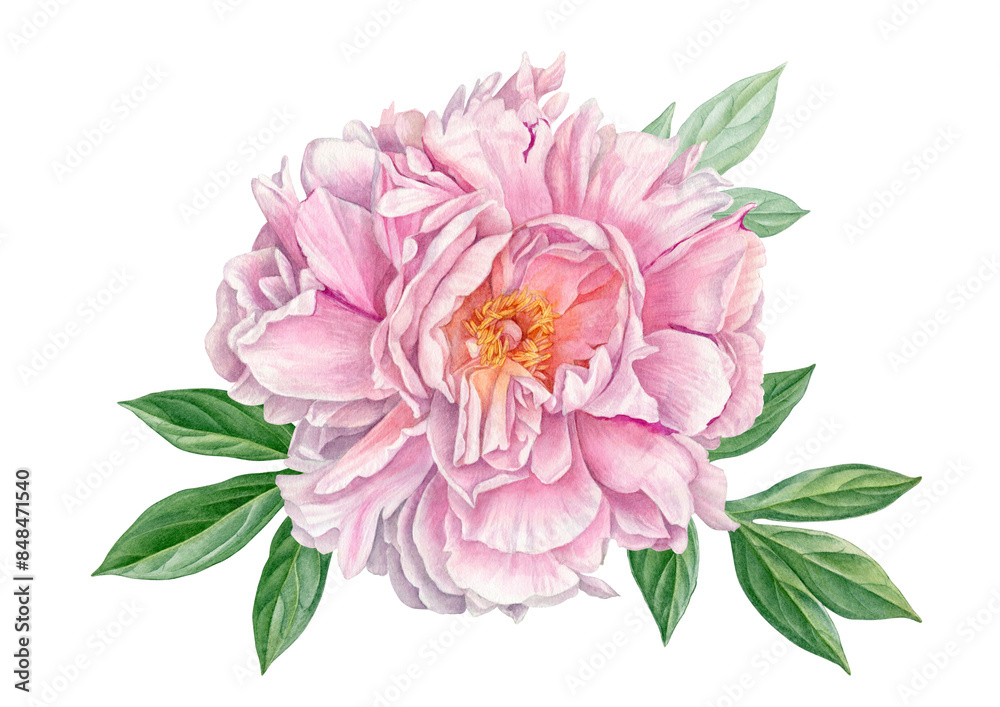 Obraz premium Watercolour painting pink peony flower. Beautiful pink petals in watercolour technique. Use Pink peony flower as postcard, poster, print, invitation, label, illustration. Botanical illustration.