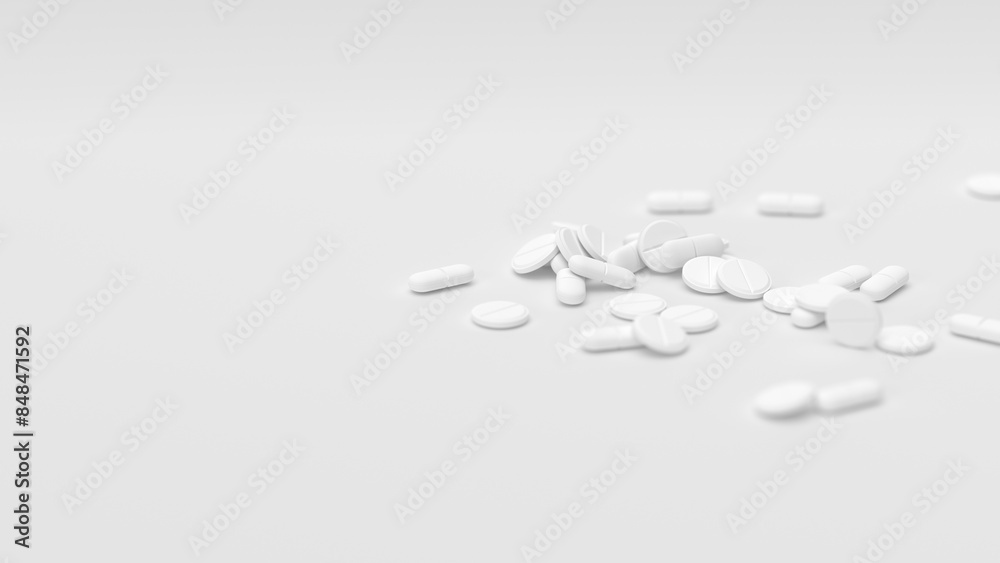 White tablets on white background with shallow DOF. Drugs, pills, tablets, medicine concept. 3d render illustration White tablets on white background with shallow DOF. Drugs, pills, tablets, medicine concept. 3d render illustration