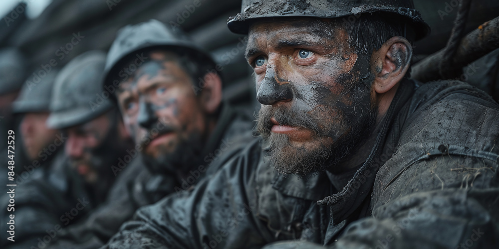 A group of coal miners resting after a long shift, covered in soot, sharing stories and meals in a makeshift canteen A group of coal miners resting after a long shift, covered in soot, sharing stories and meals in a makeshift canteen