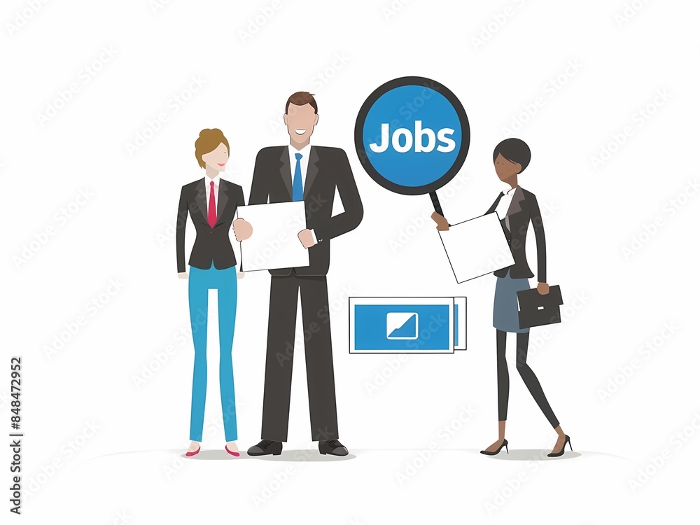 AI-Generated image of Three people are standing in front of a magnifying glass with the word jobs written on it. Concept of importance and focus on the topic of jobs AI-Generated image of Three people are standing in front of a magnifying glass with the word jobs written on it. Concept of importance and focus on the topic of jobs