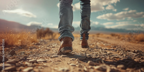a man in cowboy boots walks through the wild west photo