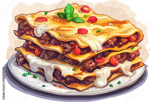 Illustration of a mouth-watering lasagna with layers of pasta, meat, cheese, and cherry tomatoes, garnished with fresh basil, ideal for celebrating National Lasagna Day