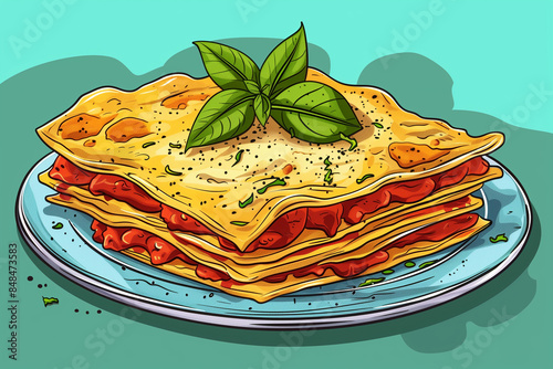 Vibrant illustration of a classic lasagna with layers of pasta, tomato sauce, and cheese, topped with fresh basil leaves, perfect for celebrating National Lasagna Day