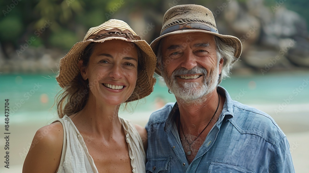 a happy older couple on a tropical beach on a sunny day