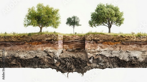 Cross section of soil showing different layers and textures, trees visible above ground level. The background is white to highlight the details with color. photo