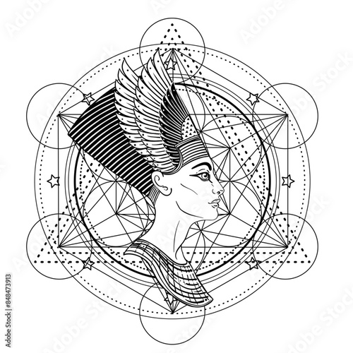Sacred geometry with egypt symbol. Wings and all seeing eye. Alchemy, religion, spirituality, occultism. Isolated vector illustration. Conspiracy theory. Drawing tattoo art. Coloring book.