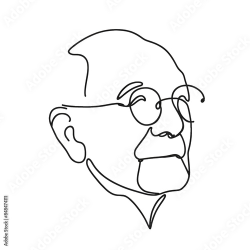 Single line drawing of an elderly man, black and white, portrait illustration