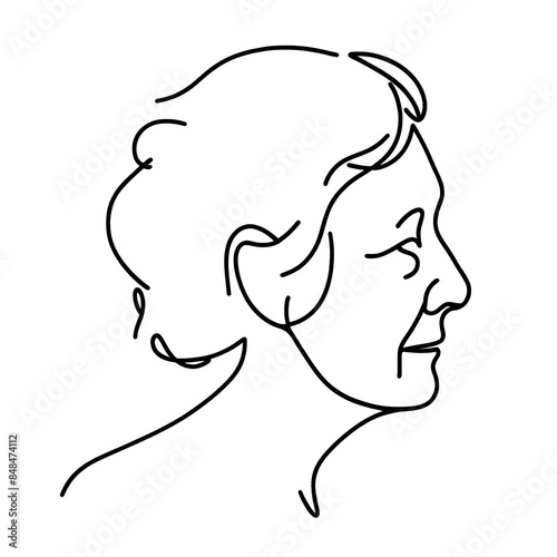 Single line drawing of an elderly woman, black and white, portrait illustration