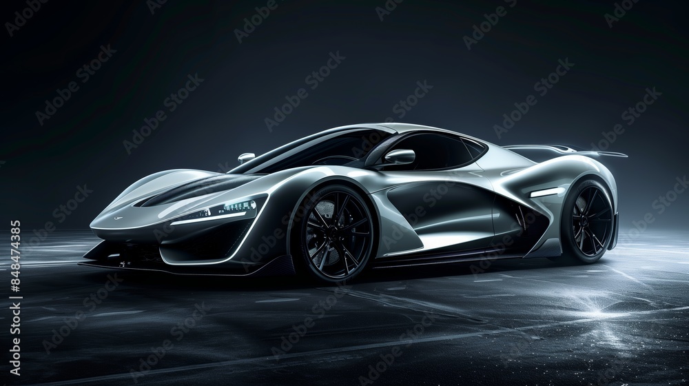 Automotive Photography, Sleek Light Gray Hypercar with Aerodynamic Design on a Dark Background Automotive Photography, Sleek Light Gray Hypercar with Aerodynamic Design on a Dark Background