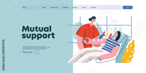 Mutual Support: Blood donation -modern flat vector concept illustration of a nurse and woman donating blood A metaphor of voluntary, collaborative exchanges of resource, services