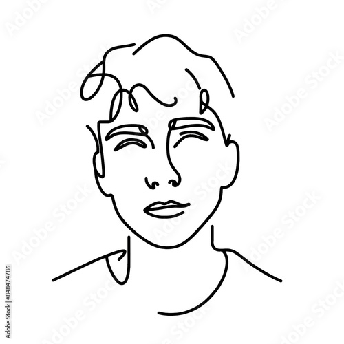 Single line drawing of a young man, black and white, portrait illustration