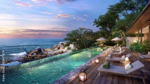 infinity pool overlooking the ocean  overlooking the jungle cliffs with trees and rocks  overlooking the tropical landscape  evening sky  twilight  candles lit around the sun loungers on the terrace.