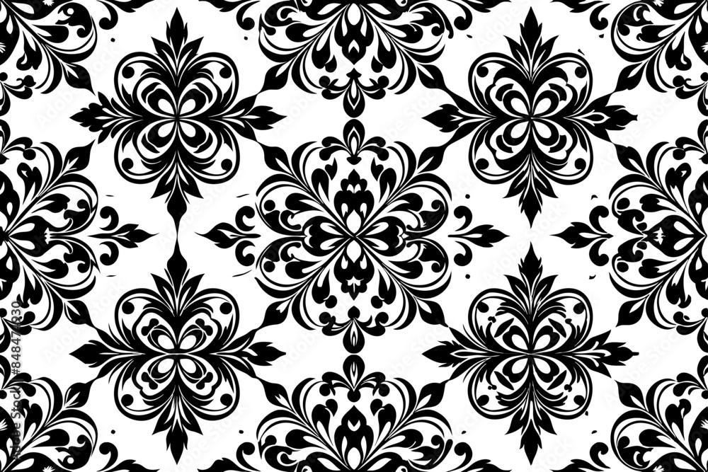 An ornate black pattern with intricate swirls and curves forms a symmetrical design An ornate black pattern with intricate swirls and curves forms a symmetrical design