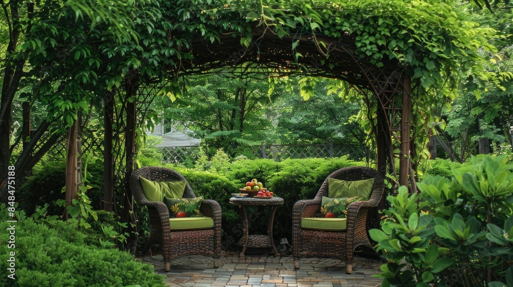A cozy wicker patio with green cushions is located under the backyard gazebo, surrounded by lush trees and flowers. The garden is filled with various plants that add color to the space. A cozy wicker patio with green cushions is located under the backyard gazebo, surrounded by lush trees and flowers. The garden is filled with various plants that add color to the space.