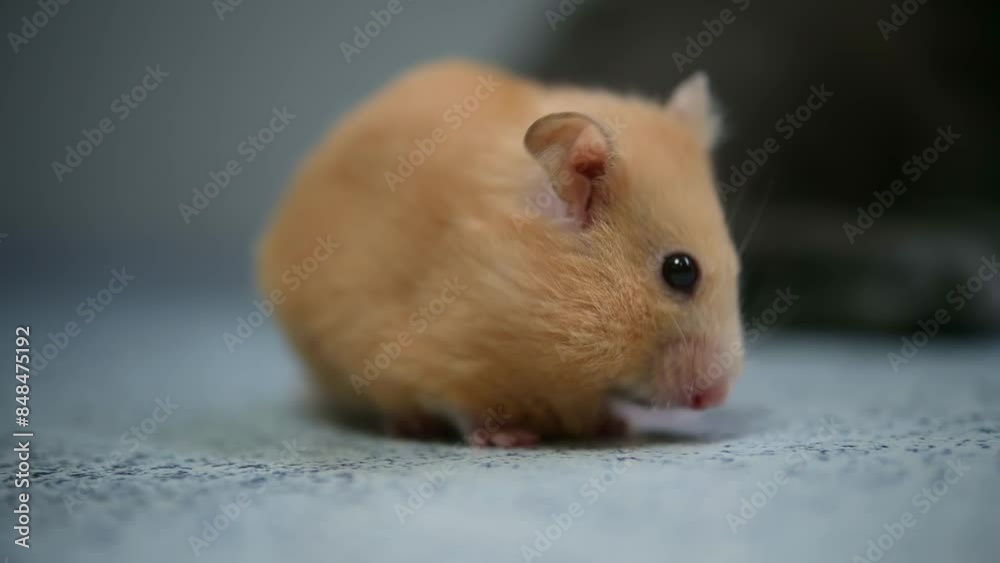 hamster eats food close-up. cute red hamster sits on the couch and eats a cookie hamster eats food close-up. cute red hamster sits on the couch and eats a cookie