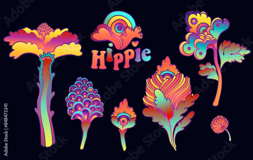 Colorful flower set, retro 60s, 70s hippie style. Vintage psychedelic vector design elements. Isolated on black. Great for stickers, patches and textile prints.