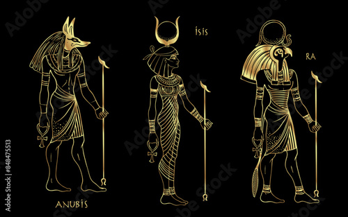 Ra, Isis, Anubis, Egyptioan gods. Hand-drawn vintage vector outline illustration in gold over black. sacred wall art logo design. Symbol of the ancient Egypt.