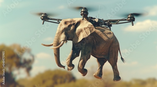elephant flies on a quadcopter .Generative AI