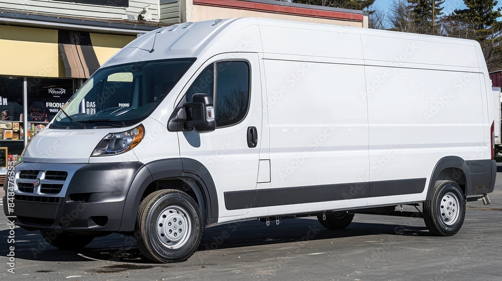 White van or truck with black accents, on the side of the road in a parking lot with a small shopping center in the background, photo taken from left angle White van or truck with black accents, on the side of the road in a parking lot with a small shopping center in the background, photo taken from left angle