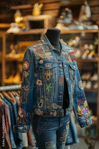 Handmade denim jacket with colorful patches Trendy boutique background