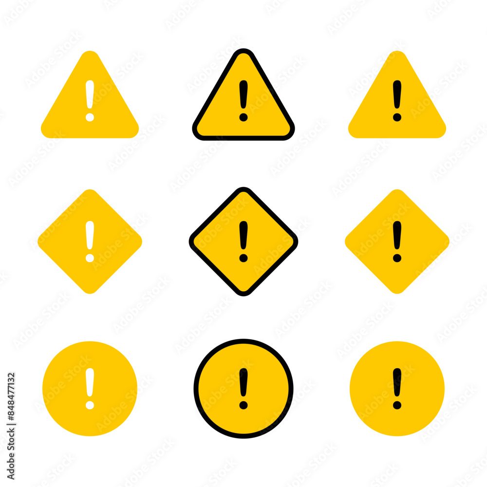 Caution warning signs set. Exclamation marks. Road signs with exclamation marks. Caution road signs. Caution warning signs set. Exclamation marks. Road signs with exclamation marks. Caution road signs.