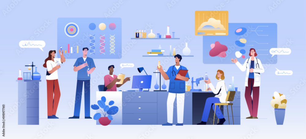 Group of scientists in lab room. Scientific medical in chemical laboratory conduct pharmaceutical science experiment, biology research. Flat doctors or pharmacology assistants work on drug development