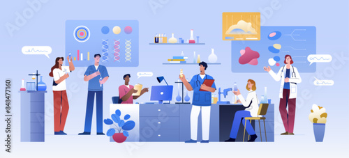 Group of scientists in lab room. Scientific medical in chemical laboratory conduct pharmaceutical science experiment, biology research. Flat doctors or pharmacology assistants work on drug development