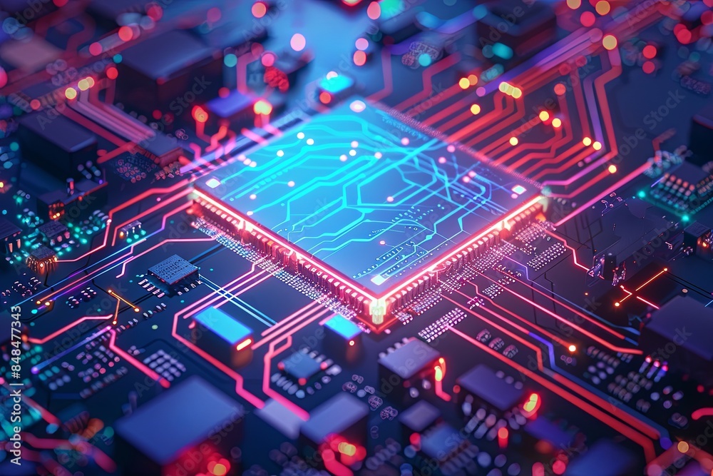 A digital rendering of a modern microprocessor or chip on a motherboard, surrounded by glowing light effects and intricate data streams, symbolizing the processing power of AI. Generative AI