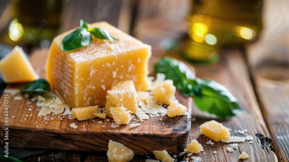 Traditional Italian Parmesan Hard Cheese on a Wooden Cutting Board in a Home Kitchen Traditional Italian Parmesan Hard Cheese on a Wooden Cutting Board in a Home Kitchen