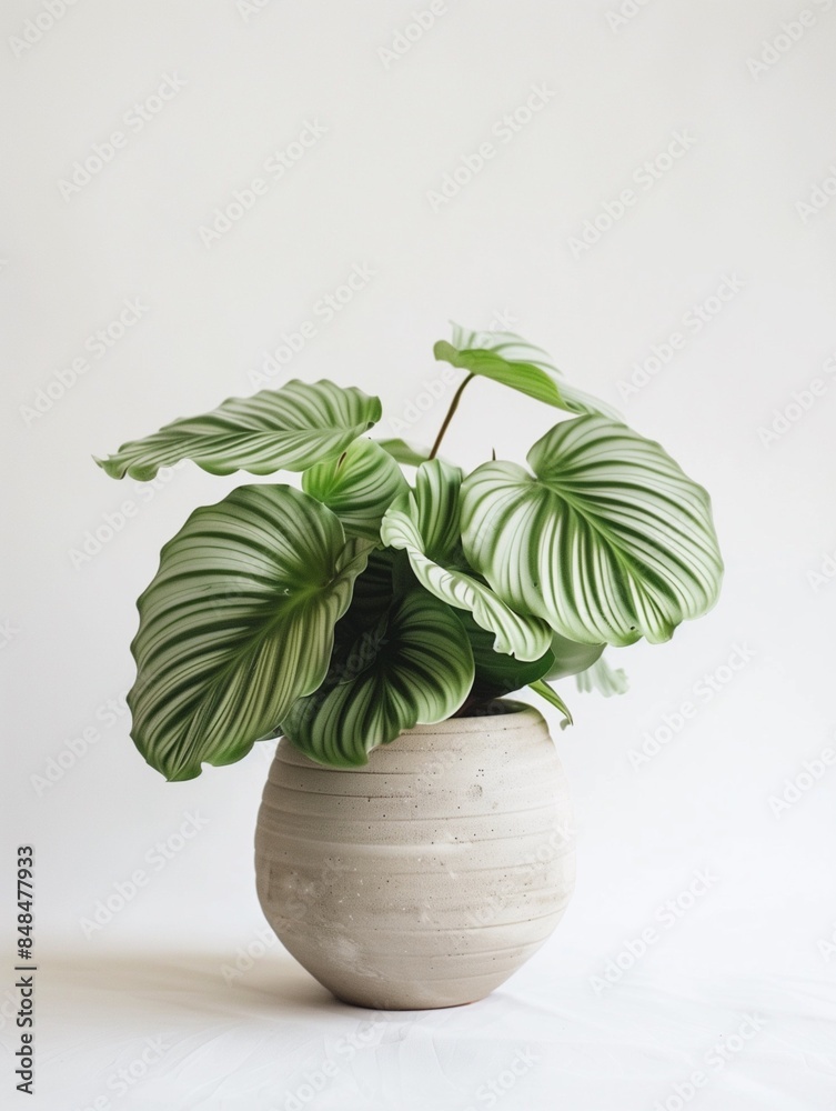 Calathea orbifolia in a modern looking vase on a white background Calathea orbifolia in a modern looking vase on a white background