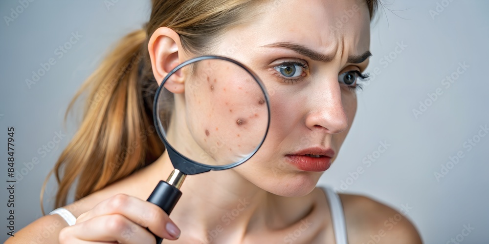A magnifier on hand magnifying the woman's facial to find acne on her face area. She has feeling stressed because acne. A magnifier on hand magnifying the woman's facial to find acne on her face area. She has feeling stressed because acne.