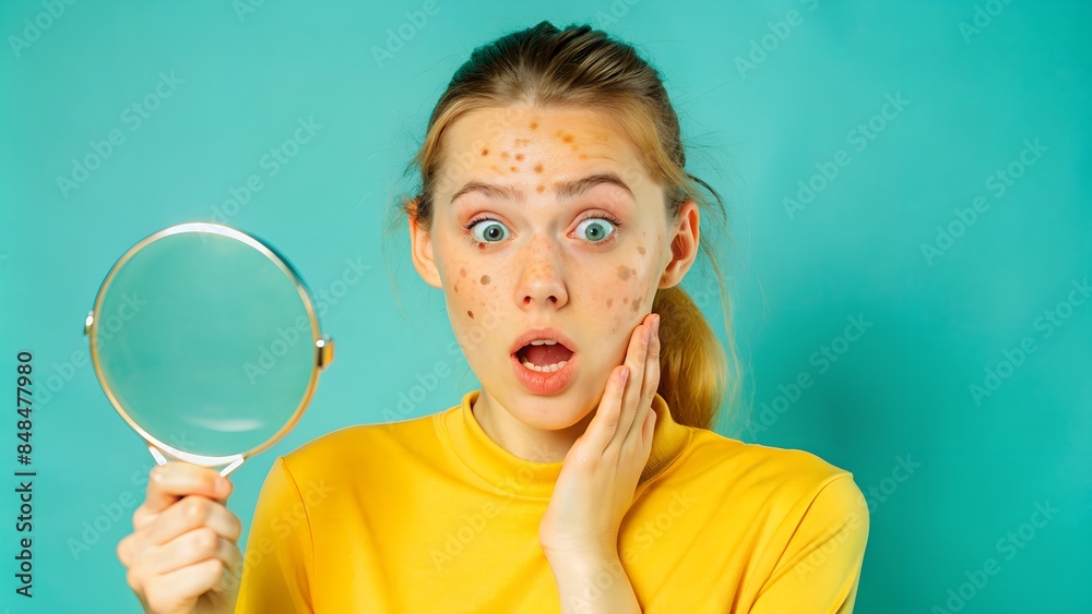 A magnifier on hand magnifying the woman's facial to find acne on her face area. She has feeling stressed because acne. A magnifier on hand magnifying the woman's facial to find acne on her face area. She has feeling stressed because acne.
