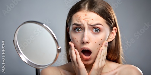 A magnifier on hand magnifying the woman's facial to find acne on her face area. She has feeling stressed because acne.