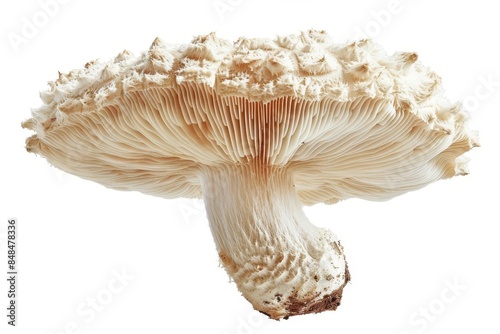 A single lions mane mushroom with a shaggy, white background photo