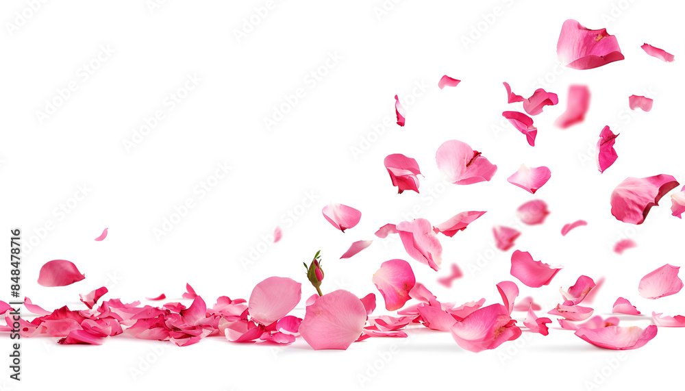 Obraz premium Fresh flying pink petals of rose and leaves isolated on white