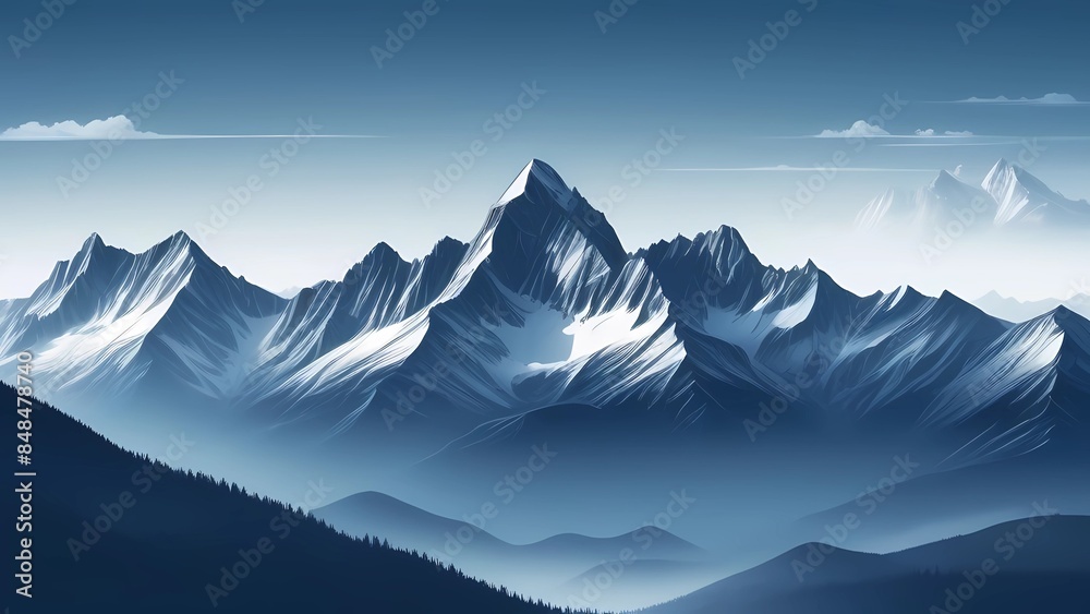 Mountain view in monochrome. Foggy and overcast. Illustration for wallpaper, cover, postcard, postcard, interior design, banner, poster and advertisement Mountain view in monochrome. Foggy and overcast. Illustration for wallpaper, cover, postcard, postcard, interior design, banner, poster and advertisement