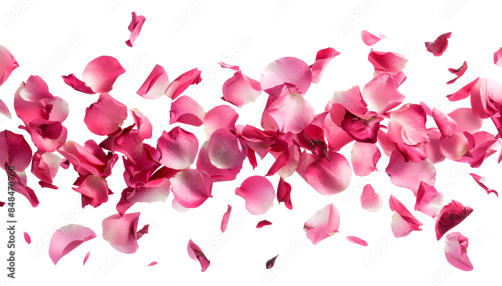 Fresh flying pink petals of rose and leaves isolated on white Fresh flying pink petals of rose and leaves isolated on white