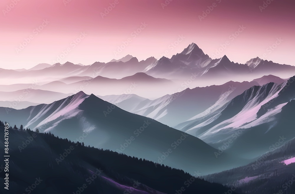 Obraz premium Mountain view in monochrome. Foggy and overcast. Illustration for wallpaper, cover, postcard, postcard, interior design, banner, poster and advertisement