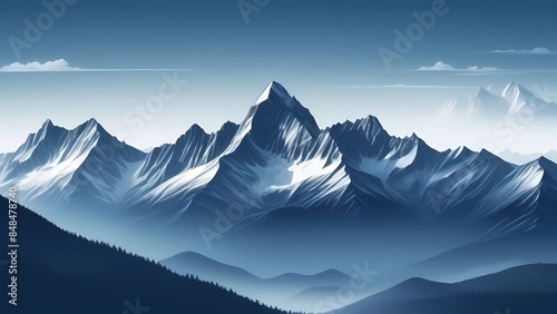 Mountain view in monochrome. Foggy and overcast. Illustration for wallpaper, cover, postcard, postcard, interior design, banner, poster and advertisement © Ana River