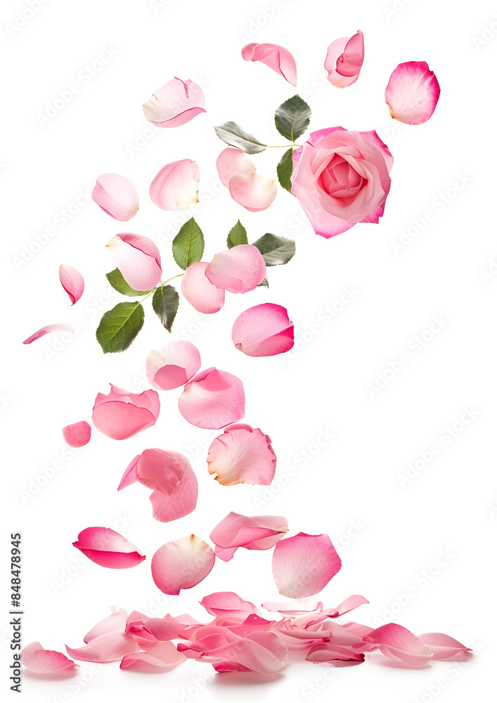 Fototapeta premium Fresh flying pink petals of rose and leaves isolated on white