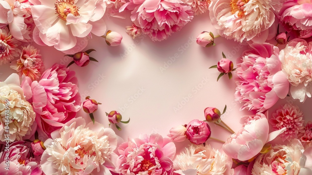 Greeting card with pink floral patterns of peonies and buds around the edges, white space for text
