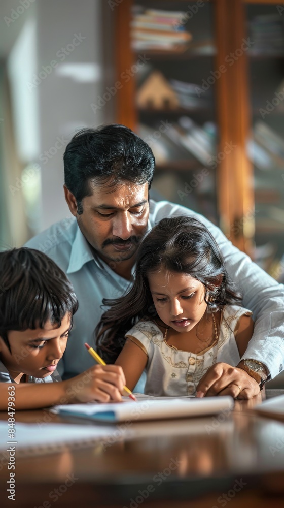 Indian parents help children with homework writing and studying Indian parents help children with homework writing and studying