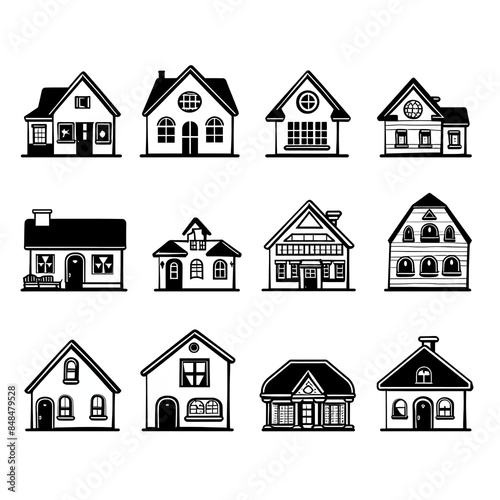 A set of houses with different styles and sizes