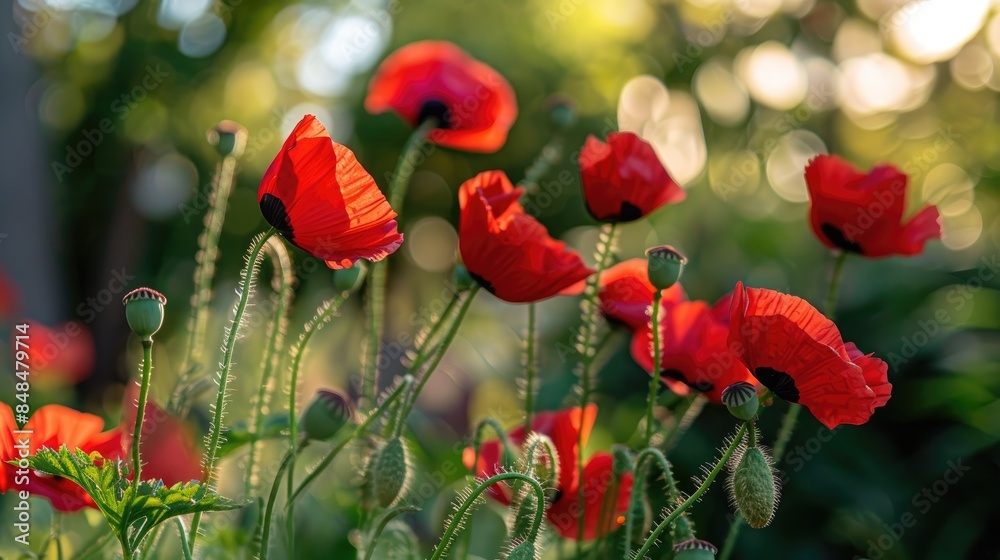 Naklejka premium Red poppies flourish in the summertime garden
