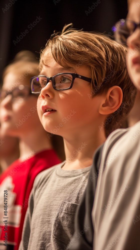 White boy with glasses watching performance with focus, representing curiosity and anticipation in theater White boy with glasses watching performance with focus, representing curiosity and anticipation in theater