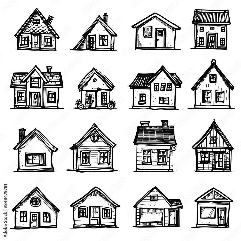 A set of houses drawn in black and white A set of houses drawn in black and white