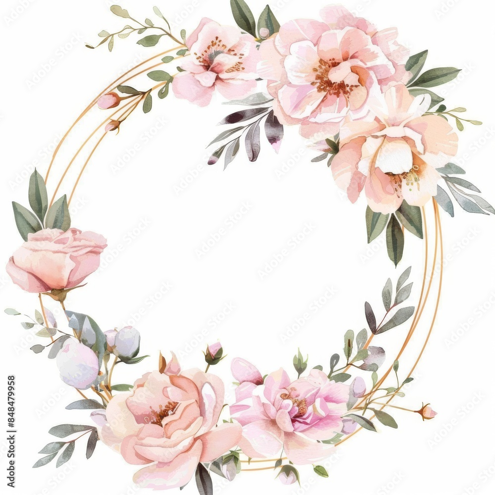 Naklejka premium Watercolor pastel pink floral wreath with gold frame 
